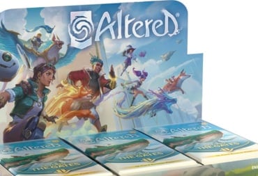 A screenshot of an Altered TCG booster display box, portraying promotional artwork of a group of magic users and animals in dynamic poses