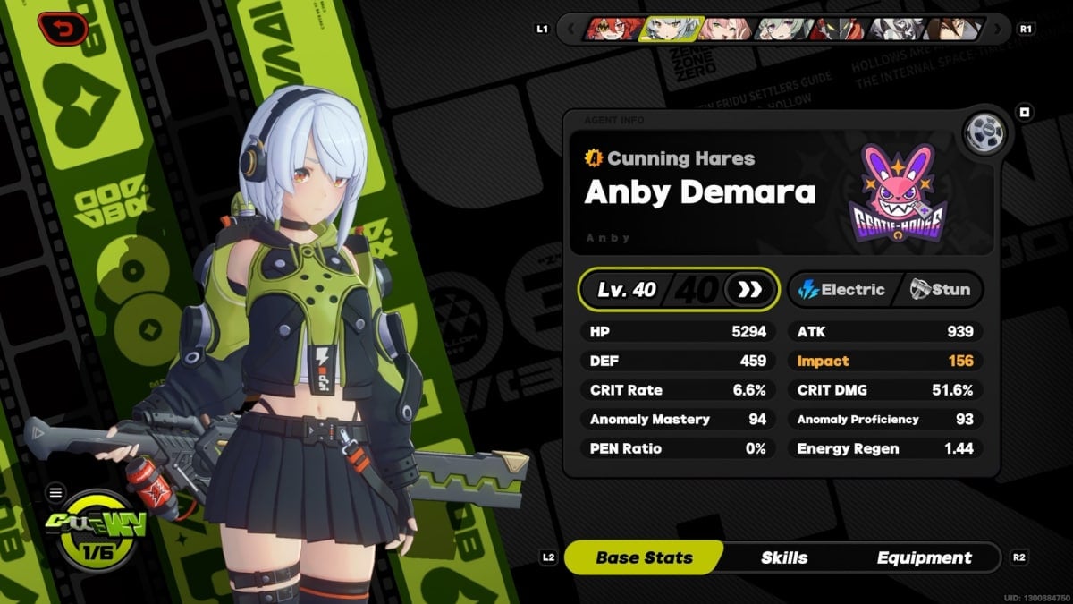 A stat overview of level 40 Anby.