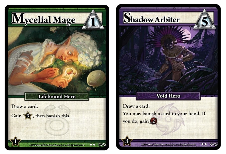 Promotional card artwork from Ascension Legends showing Mycelial Mage, and Shadow Arbiter