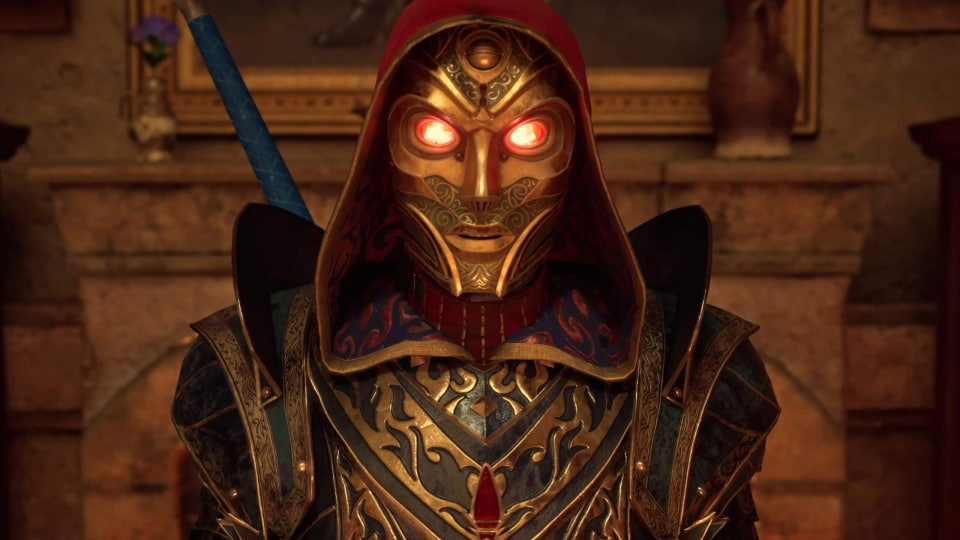 A masked figure with glowing eyes in Avowed