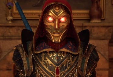 A masked figure with glowing eyes in Avowed
