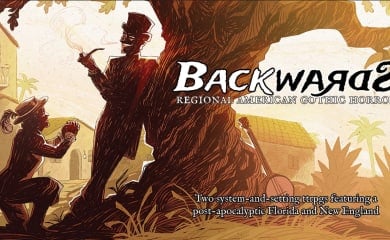 Promotional artwork for the Backwards RPG, featuring a malicious figure in silhouette with a top hat leaning against a tree.
