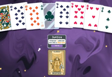 A deck of cards with a Justice tarot card beneath them in Balatro