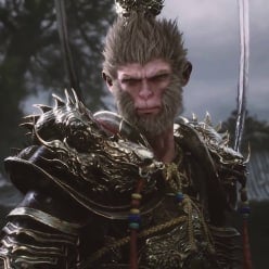 The monkey king looking into camera from chest height.