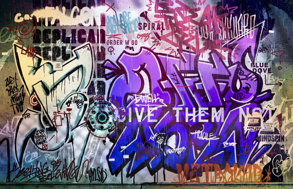 Promo artwork of Blade Runner Replicant Rebellion, showing artwork of a wall covered with potentially coded graffiti