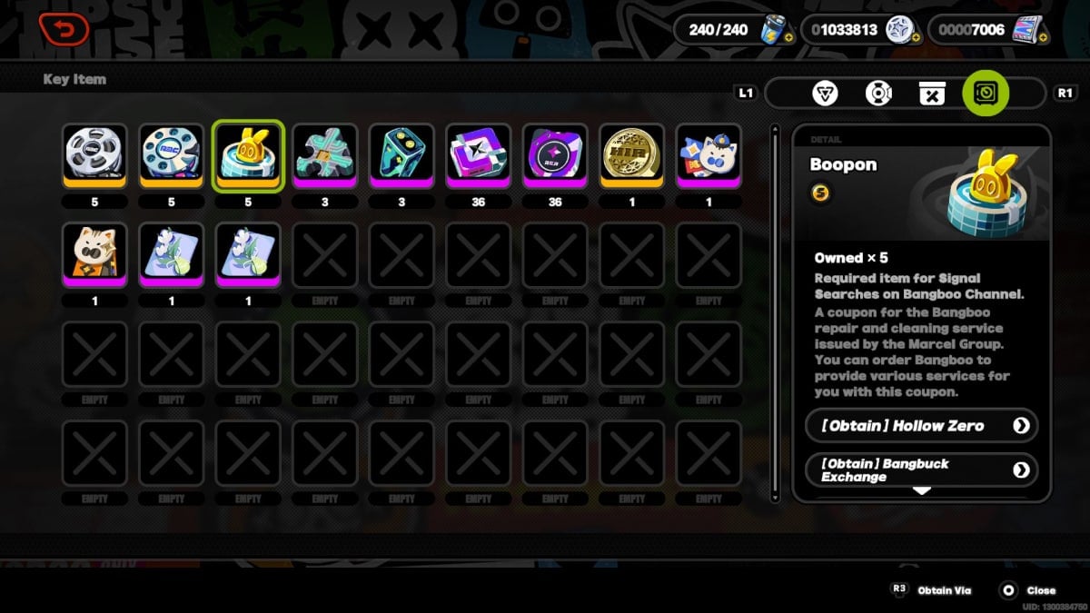 The key items menu, showing that the player has 5 Boopons.