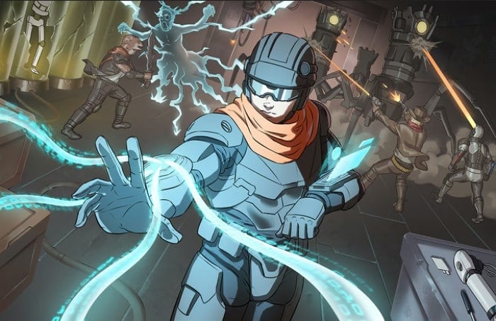 A screenshot of artwork from the Branch Riders TTRPG, showing a dogman with a sword, a cowboy, and a man in armor fighting a ghost. Clone vats and computer terminals are visible.