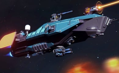 A spaceship firing its laser in Hooded Horse's sci-fi roguelike deckbuilder Breachway
