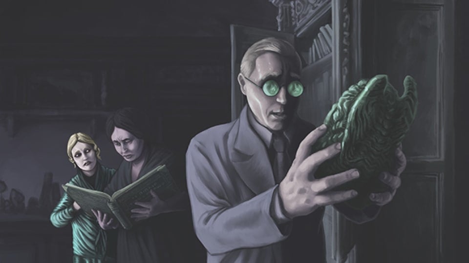 Artwork from Call of Cthulhu Gateways to Terror, showing a group of investigators in a library, one is holding a green glowing statue.