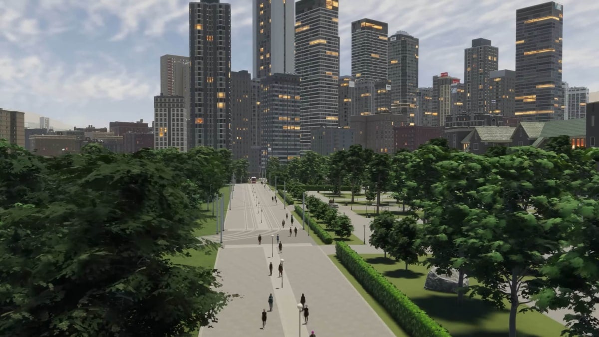 A view of a street lined by trees in Cities: Skylines 2