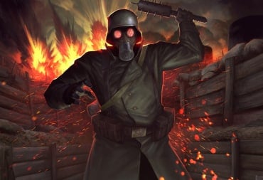 A World War I-era soldier with a gas mask in Conscript