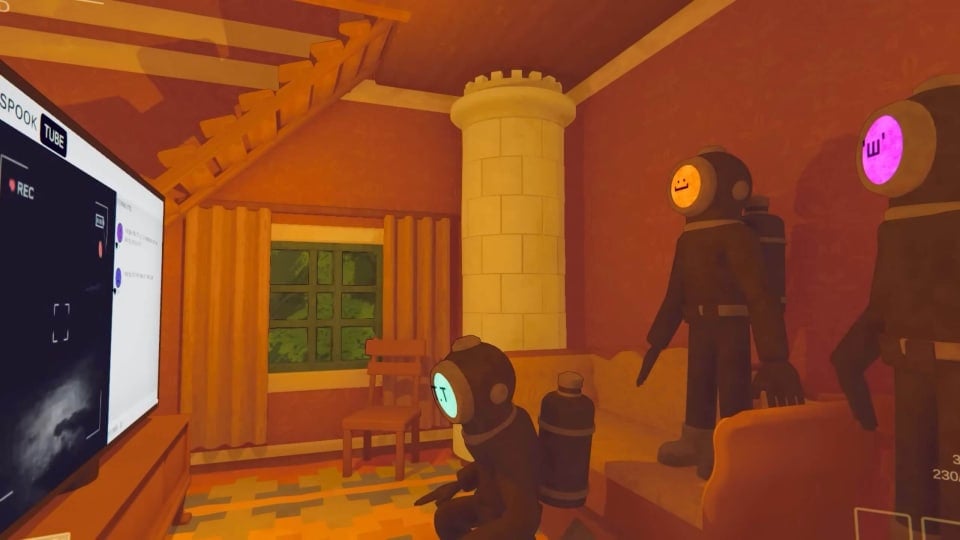 A group of Content Warning characters watching their footage back on "SpookTube"