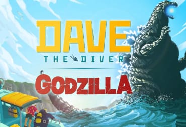 Dave the Dvier free Godzilla DLC key art, with Dave in his boat on the bottom left, and godzilla on the right
