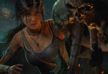 Lara Croft examining a skull in artwork for the Dead by Daylight Tomb Raider crossover