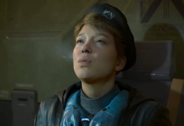 Fragile exhaling smoke and smiling slightly in Death Stranding 2