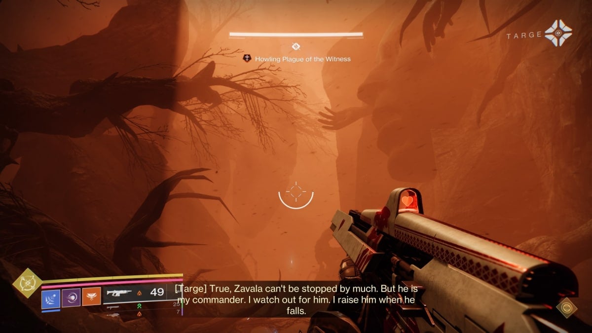 A screenshot from Destiny 2: The Final Shape, showing a mountain range in a sandstorm, tortured human faces and hands can be seen jutting out of the rock face.