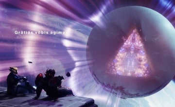 A screenshot from Destiny 2: The Final Shape, showing a Warlock, Titan, and Hunter sitting on a spaceship looking out into space, Earth and The Traveller are visible.