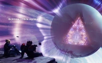 A screenshot from Destiny 2: The Final Shape, showing a Warlock, Titan, and Hunter sitting on a spaceship looking out into space, Earth and The Traveller are visible.