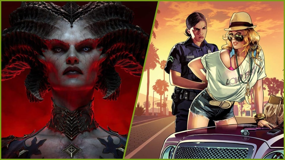 Lilith in Diablo 4 next to artwork from Grand Theft Auto 5