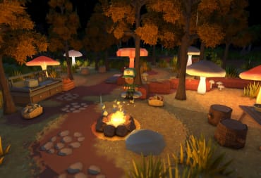 A character sitting at a fire surrounded by autumnal mushrooms in Dinkum