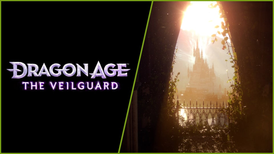 The new logo for Dragon Age: The Veilguard, the new name for Dragon Age: Dreadwolf, alongside a landscape shot from the game