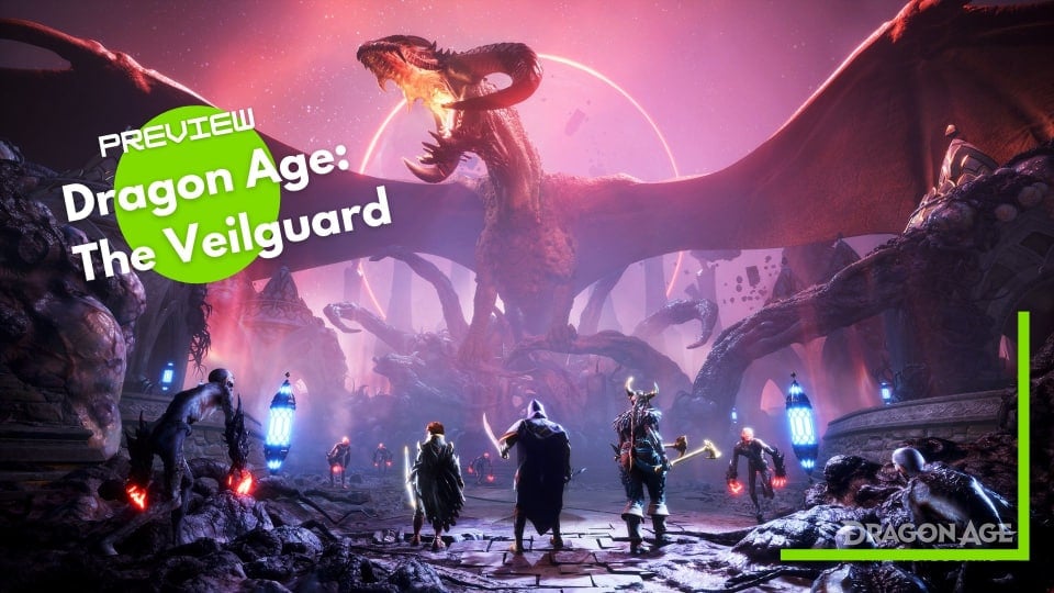 A party of adventurers stands before a large roaring dragon.