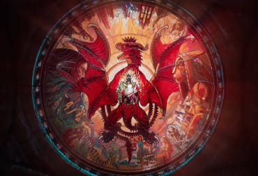 A stained-glass window-style image showing a dragon and the hero in Dragon's Dogma 2, which has topped Circana's sales data for March 2024