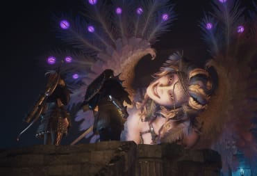 Image of the Sphinx in Dragon's Dogma 2, with a tilted head at the player and their Pawn