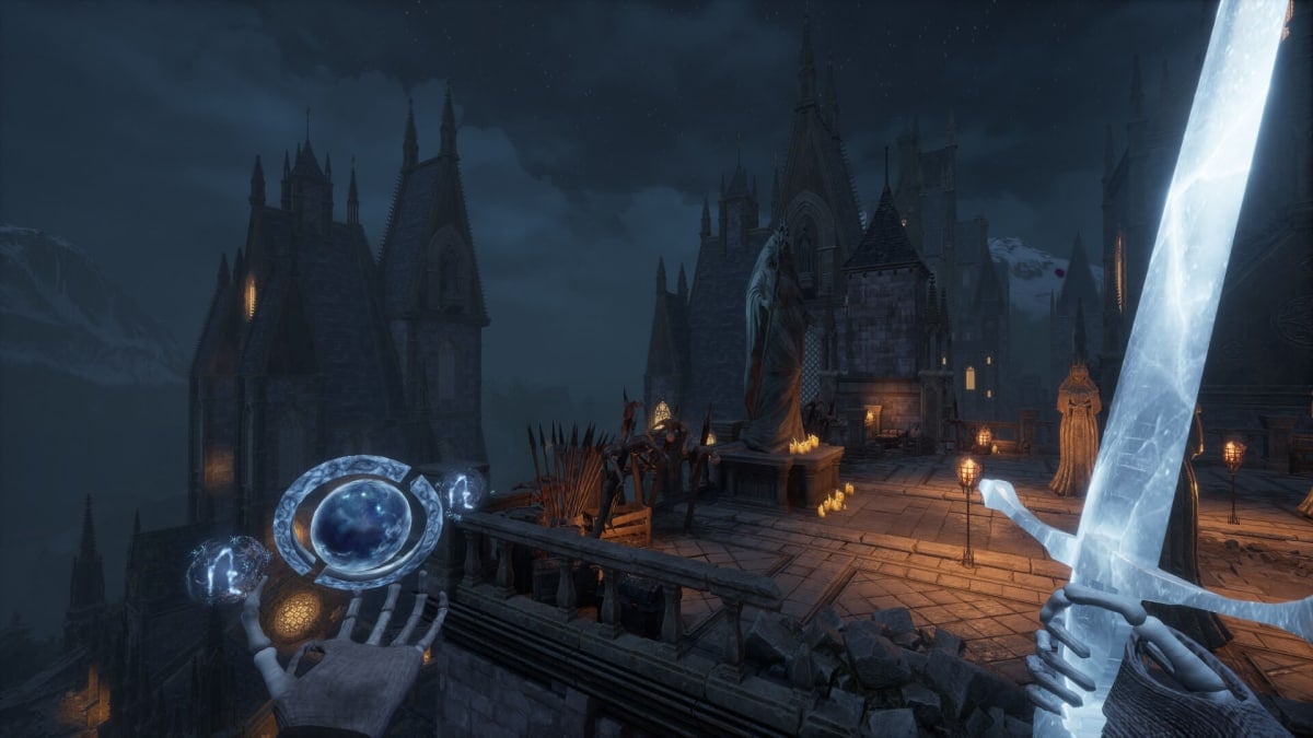 A player looking out onto a gothic cityscape in Dungeonborne