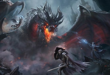 Warriors facing a dragon in artwork for Dungeonborne