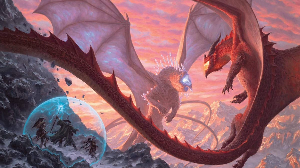 An image of a Wizard watching two powerful dragons fighting it out
