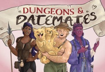Promo image of Dungeons & Datemates, showing a woman with a spear, a man holding a cerberus puppy, and a nonbinary tiefling in a robe.