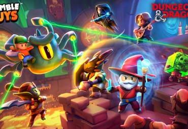 Promotional artwork of the Dungeons & Dragons Stumble Guys crossover, showing multiple adventurers, an owlbear, and a beholder in a lava-covered dungeon.