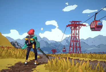 A woman holding a sword overlooking a field that has a gondola lift in it.
