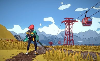 A woman holding a sword overlooking a field that has a gondola lift in it.