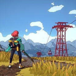 A woman holding a sword overlooking a field that has a gondola lift in it.