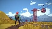A woman holding a sword overlooking a field that has a gondola lift in it.