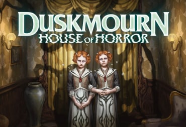 Unsettling Twins art beneath Duskmourn House of Horror  logo