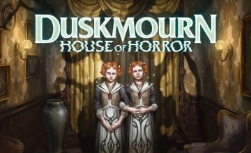 Unsettling Twins art beneath Duskmourn House of Horror  logo