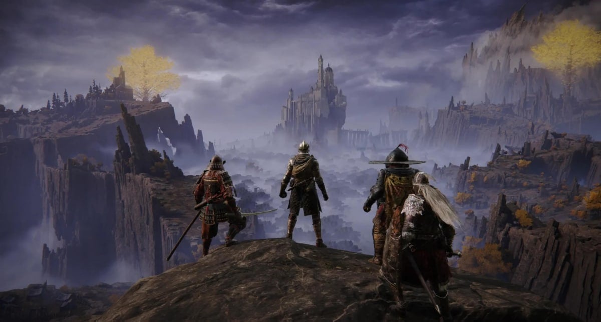Four players looking out over the Lands Between in the Elden Ring Seamless Co-op mod