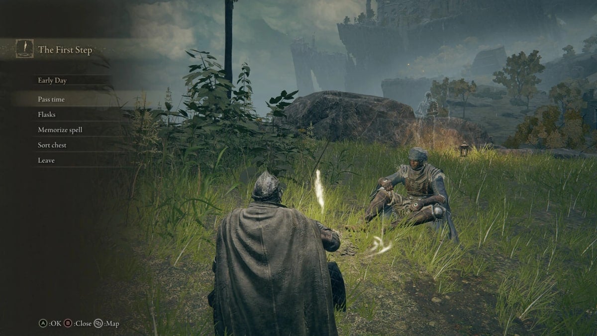 Two players sitting at a Site of Grace in the Elden Ring Seamless Co-op mod