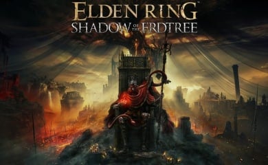 Elden Ring Shadow of the Erdtree key art showing a character dressed in red sitting on an ashy throne