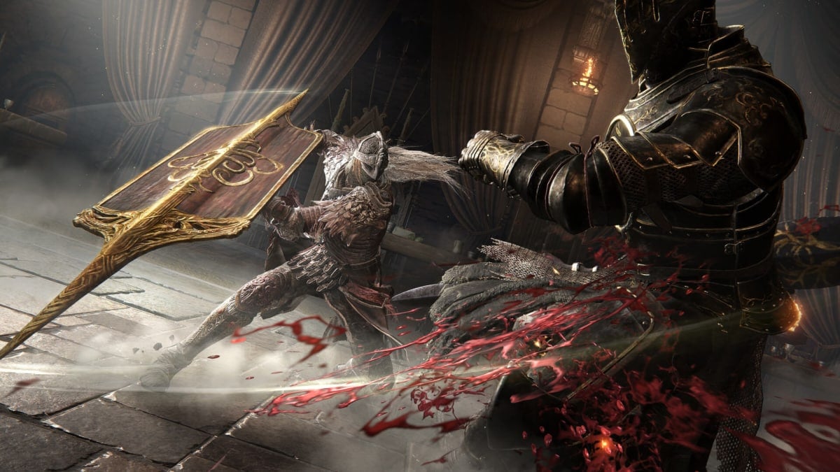 Two knight-like figures fighting in Elden Ring: Shadow of the Erdtree