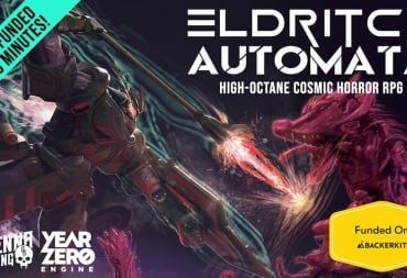 A promotional image of the Eldritch Automata TTRPG, showing a giant robot stabbing a giant dragon monster. A banner is visible saying the project was funded in 36 minutes.