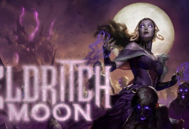 Eldritch Moon key art featuring a purple skinned witch with purple energy coming from her fingers as the dead rise around her
