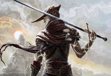 A figure in armor and a sword over their right shoulder. Their back is to us and looking over their left shoulder.