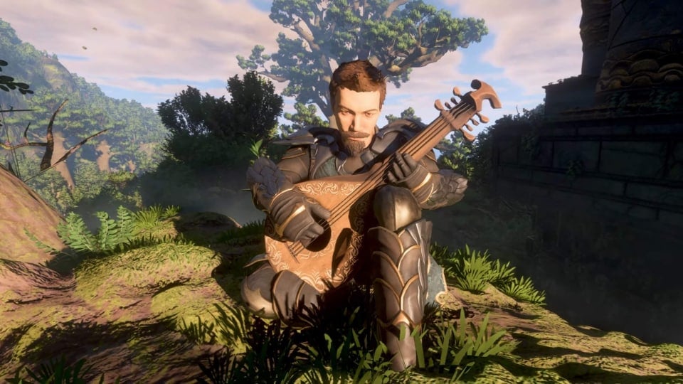A player playing a musical instrument in the Enshrouded Melodies of the Mire update
