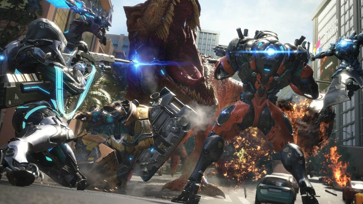 Players battling a dinosaur in Exoprimal