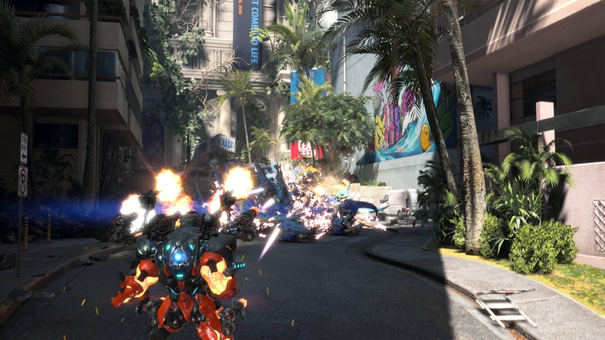 A player shooting at enemies in front of them in Exoprimal