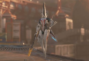 A character standing with their weapon held at their side in Exoprimal